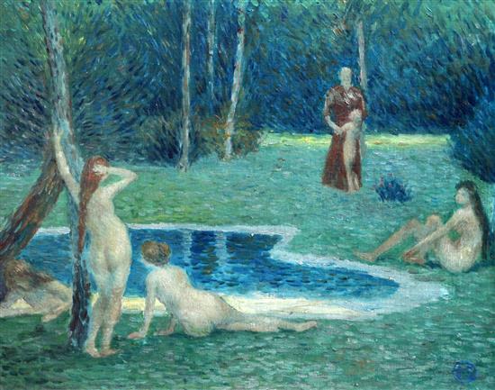 After Edward Stott , oil, Bathers beside a woodland pond(-)